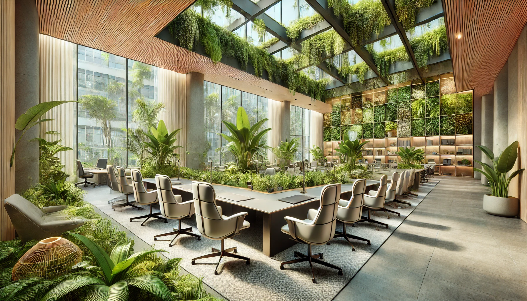 Modern workspace with plants and natural elements representing balanced living